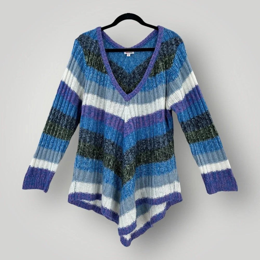 Bongo Plus Sweater Woman's Size 3X Multicolor V-Neck Blue Purple Gray Stripe